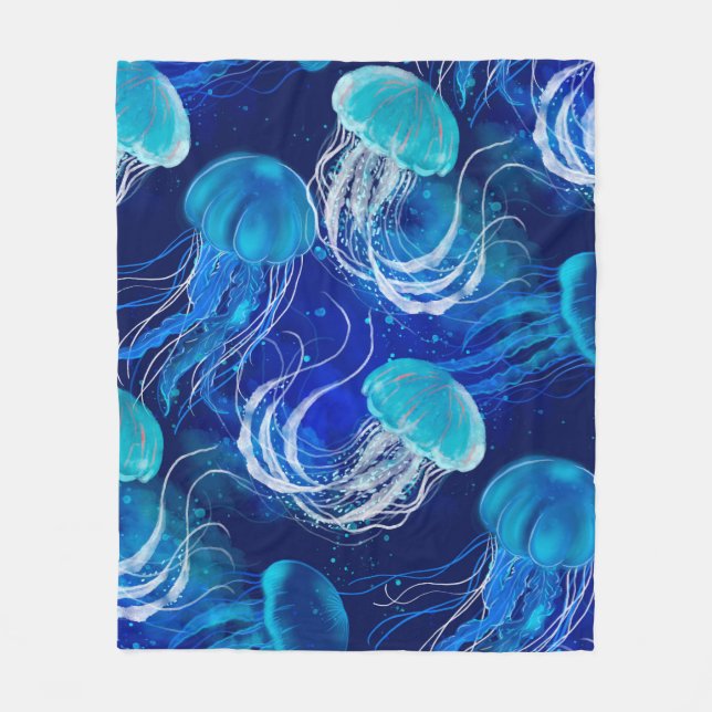 Many blue jellyfishes swimming underwater. Seamles Fleecefilt (Framsidan)