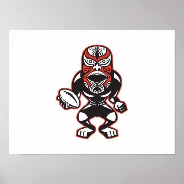 Maori Mask Rugby Player som kör med Boll Poster (Framsidan)