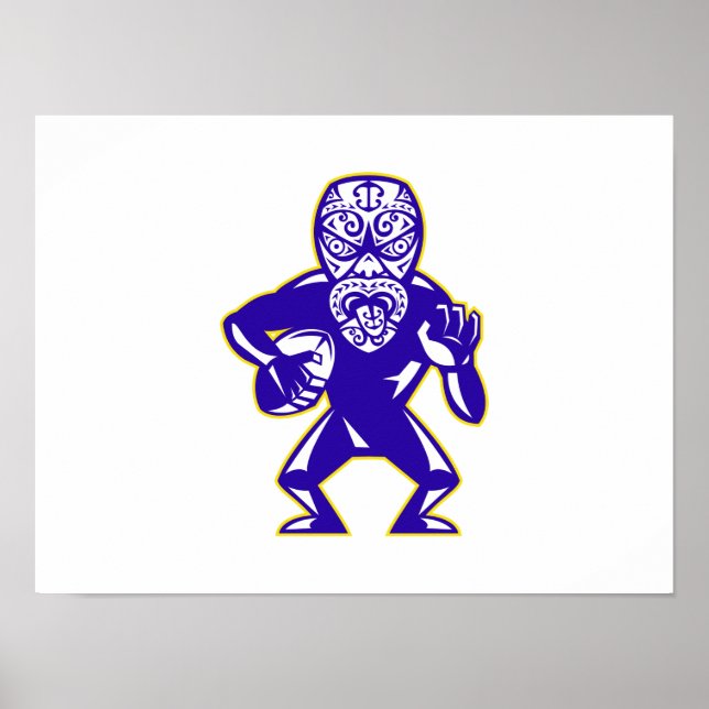 Maori Mask Rugby Player som kör med Boll Poster (Framsidan)