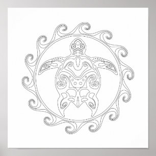 Maori Sol Tribal Turtle Vuxen Coloring Poster