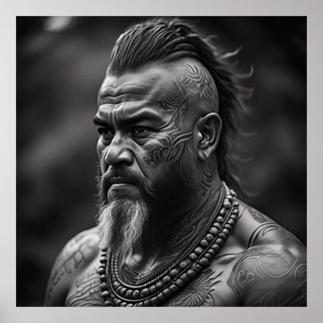 Maori Warrior Chief med Ansikte Tattoos Poster (Framsidan)