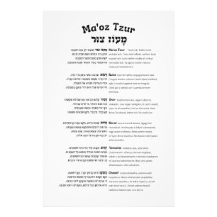 Maoz Tzur Hanukkah Sång Fullt Hebrew & Transcript Fototryck