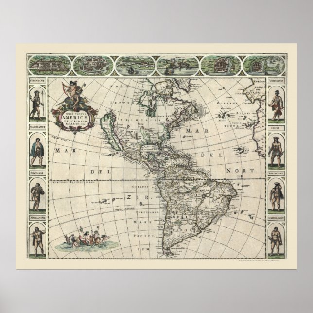 Map of America by Frederick de Wit 1660 Poster (Framsidan)