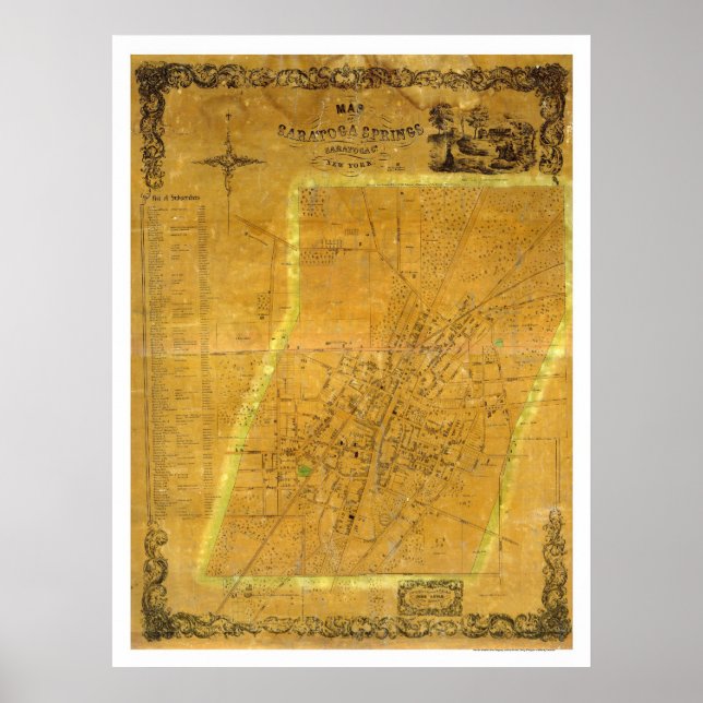 Map of Saratoga Springs, New York by Bevan 1854 Poster (Framsidan)