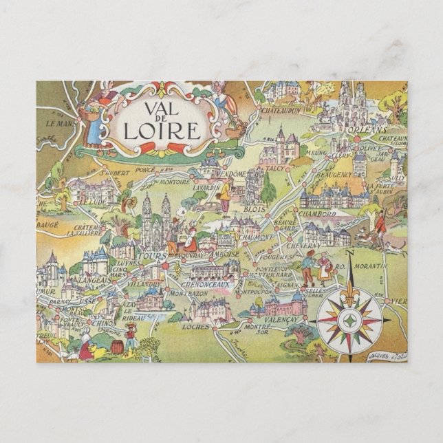 Map of the Loire Valley of France Postcard Vykort (Framsida)