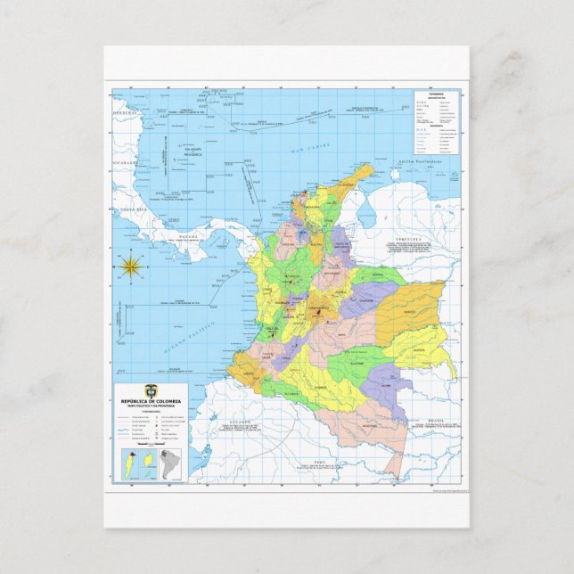 Mapa de Colombia Karta i Colombia Vykort (Framsida)