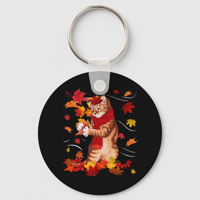 Maple Cat Autumn Maple Hej Fall Löv Gift Women Nyckelring (Framsida)