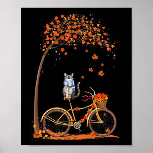 Maple Cat Bike Löv Fall Hej Autumn Roligt Poster (Framsidan)