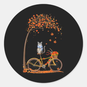 Maple Cat Bike Löv Fall Hej Autumn Roligt Runt Klistermärke