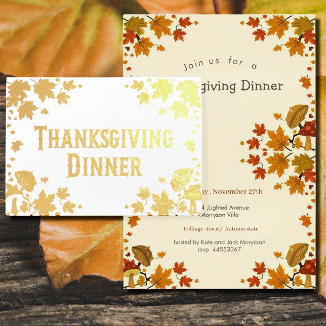  maple leaves& musrooms - Thanksgiving invitation Folierat Kort (Skapare uppladdad)