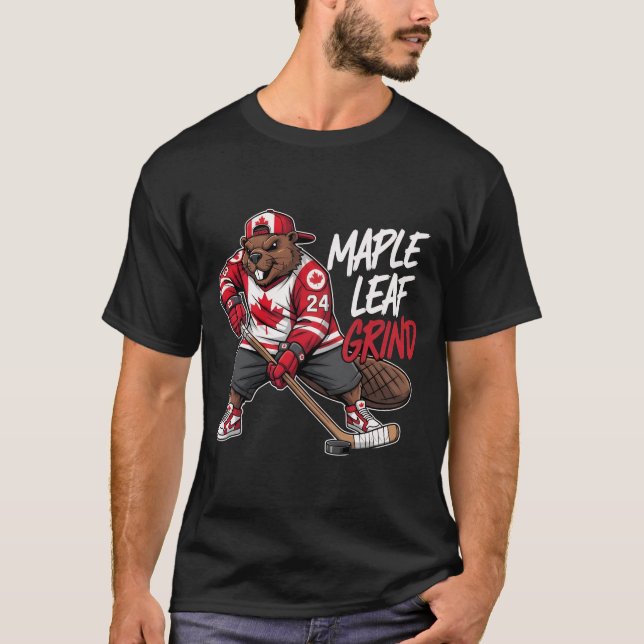 Maple Löv Grind - Canadian Hockey Beaver T Shirt (Framsida)