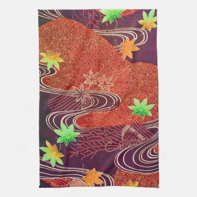 Maple Löv och Runda Vatten, japansk design Kökshandduk (Vertikal)