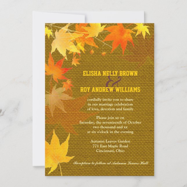 Maple Löv Rustic Burlap Fall Wedding Inbjudningar (Framsida)