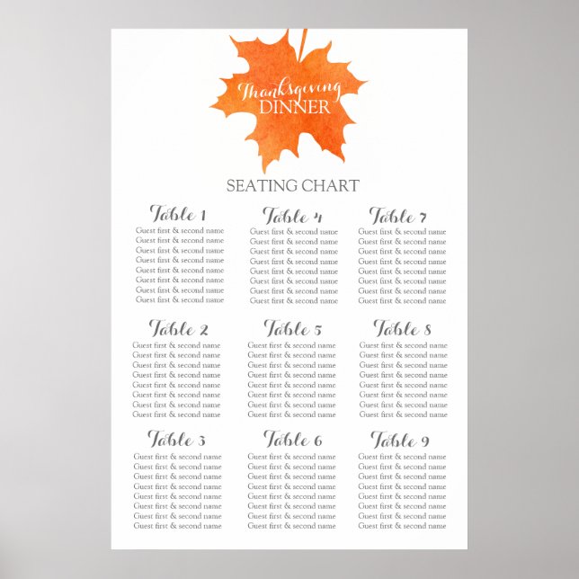 Maple löv thanksgiving middag Bord Planner 1-9 Poster (Framsidan)
