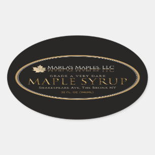 Maple Syrup-etikett Oval Guld löv på svart Ovalt Klistermärke