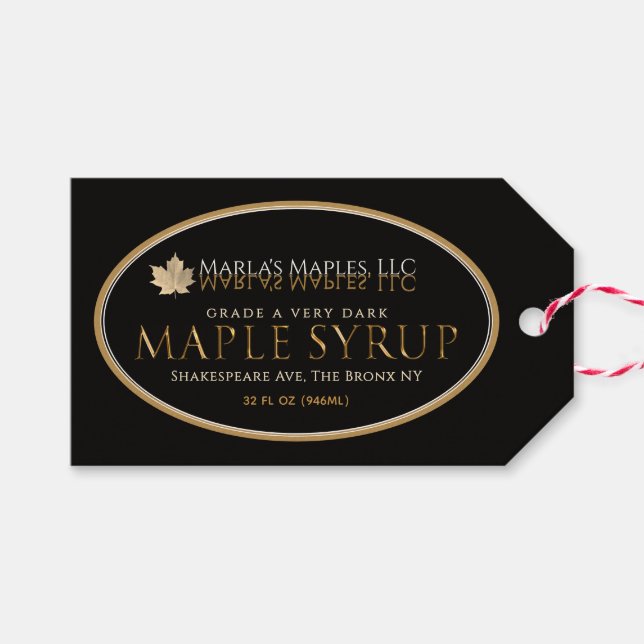 Maple Syrup-etikett Oval Guld löv på svart Presentetikett (Framsidan (Horizontal))
