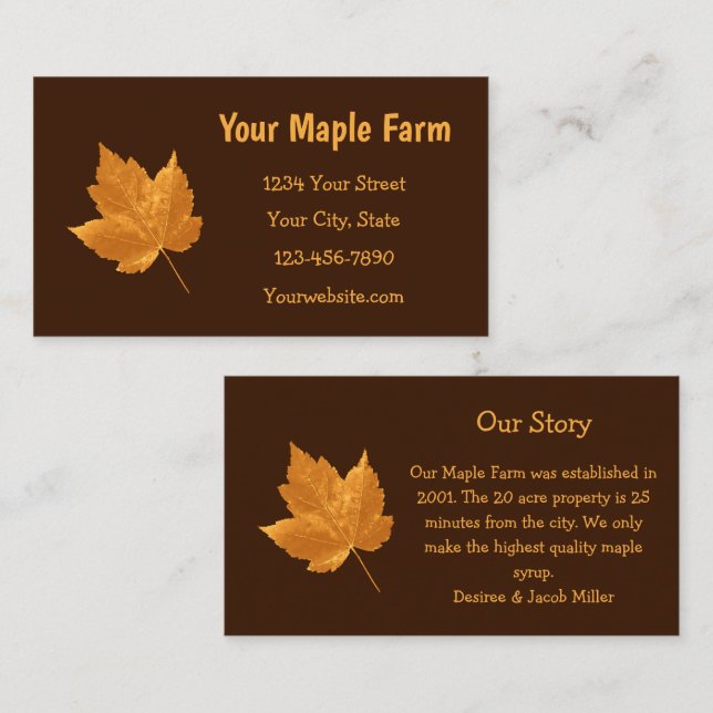 Maple Syrup Farm Amber Gult Mörk Brown Rustic Visitkort (Fram/baksida)