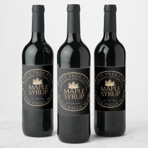 Maple Syrup Guld och Black Maple Löv Vinflaska Etikett