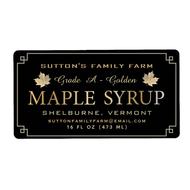 Maple Syrup Label Black and Guld Löv and Gräns Fraktsedel (Framsidan)