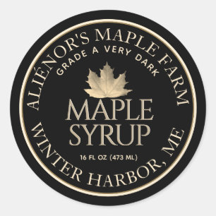 Maple Syrup Label Black med Guld Löv Runt Klistermärke
