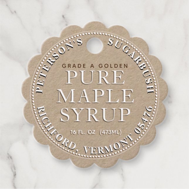 Maple Syrup Label Märkre (Kraft White Scalloped) Gåvor Etiketter (Framsida)