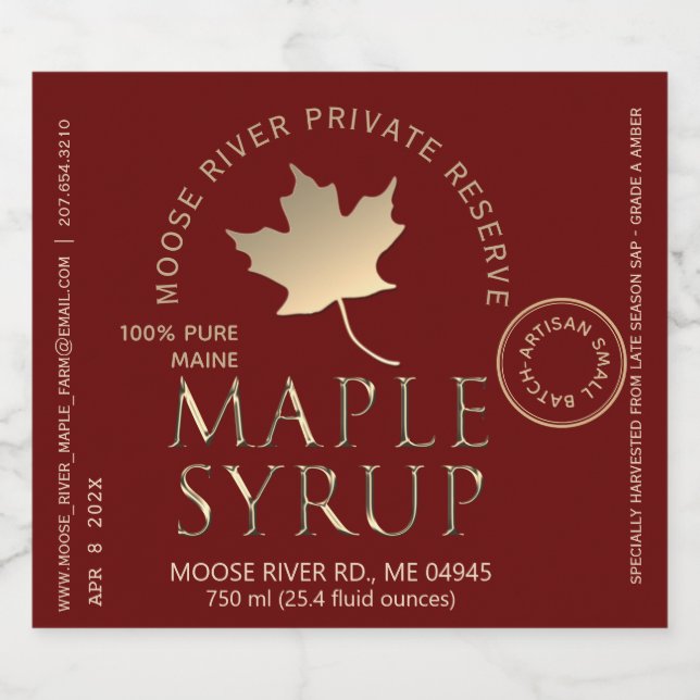 Maple Syrup Red Guld Maple Löv Spritflaskor Etikett (Enkel etikett)