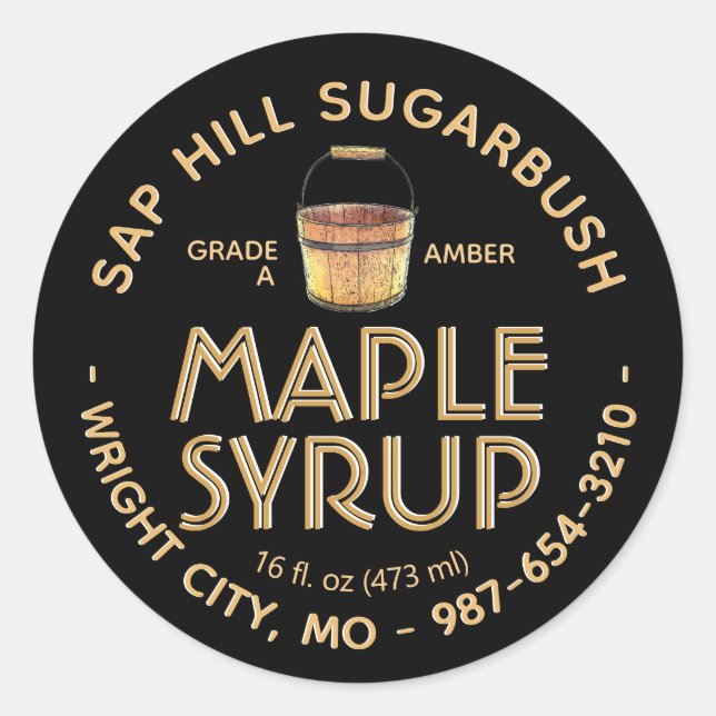 Maple Syrup Sap Bucket Amber Text på svart etikett (Framsida)