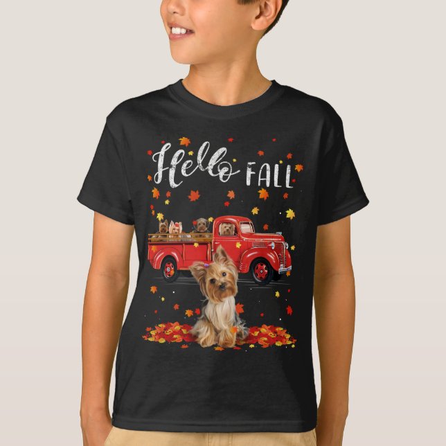 Maple Yorkshire Terrier Hund Löv Fall Autumn Red T Shirt (Framsida)
