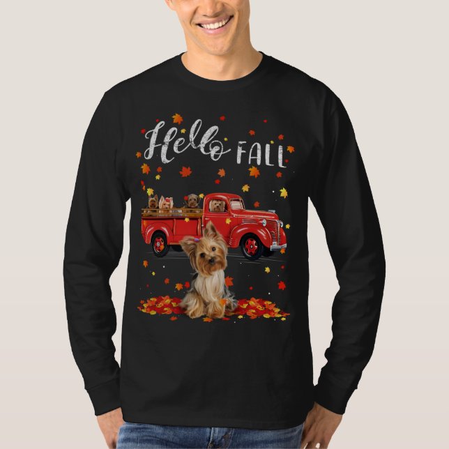 Maple Yorkshire Terrier Hund Löv Fall Autumn Red T Shirt (Framsida)