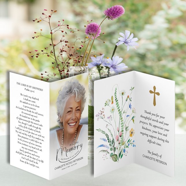 Mappat i fotoskrivarkort för flytande minne visitkort (Folded In Loving Memory Photo Prayer Cards)