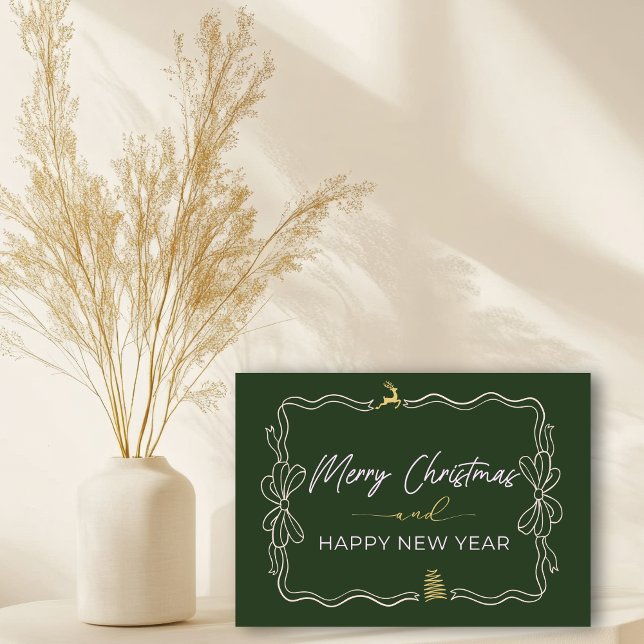 Mappkort för Helgdag för grönt-fack och Träd-docko Kort (Green Bow & Trees Doodles Holiday Folded Card)