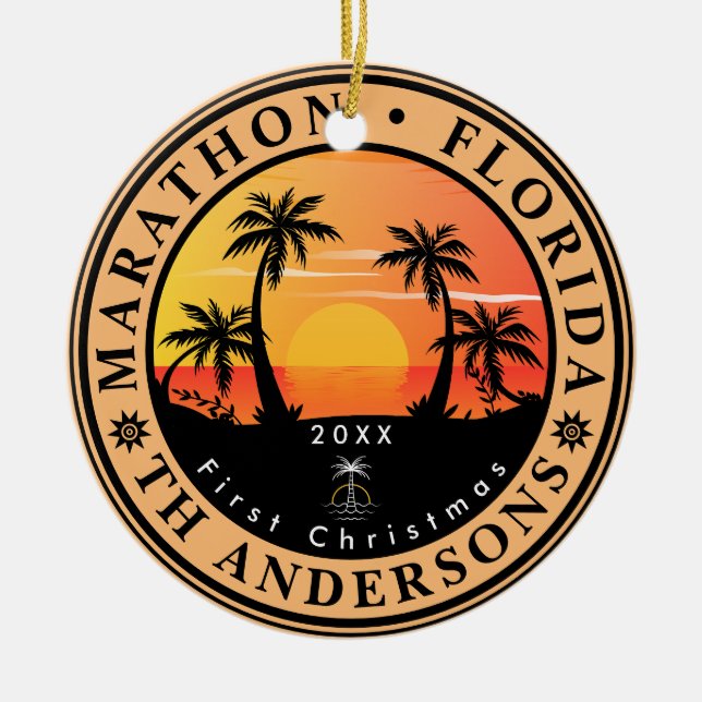 Marathon Florida Retro Sunset Handflatan Träd 80-t Julgransprydnad Keramik (Framsidan)