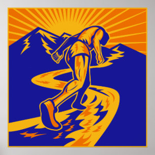 Maratonspringer eller joggare på bergvägen poster