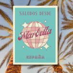 Marbella Spain España Retro Vintage Postcard Vykort<br><div class="desc">Marbella Spain Retro Vintage Design med ett disco boll i rosa och aprikopersikor. Det här vackra vykortet är ett hälsningskort för Marbella-invånare,  besökare,  turister eller fläkt.</div>