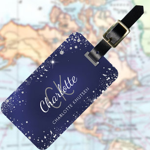 Marblå silver glitter-monogram namn bagagebricka