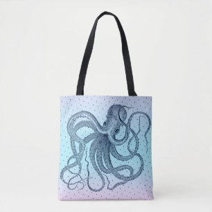 Marblått Vintage Stampunk Octopi Illustration Tygkasse
