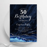Marble 50 Birthday, blå Silver-agate Inbjudningar<br><div class="desc">Flottblått och silver agerade 50 födelsedagsfest inbjudan. Elegantens moderna utformning med royal blue water agate marble geode-bakgrund,  faux glitter silver och typography-skript. Trendig inbjudan-kortets perfekt för en snyggt kvinnor i firande. Skrivna Zazzle-inbjudningar eller digital utskrivbar mall för omedelbar nedladdning.</div>