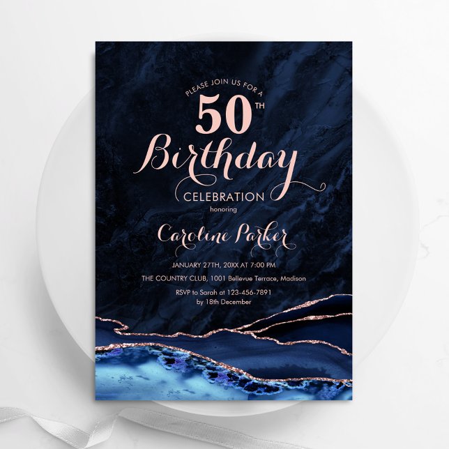 Marble 50 Birthday, blåblått Ro Guld-agate Inbjudningar (Skapare uppladdad)