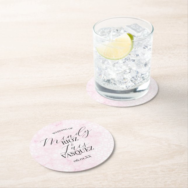 Marble Abstract Pink Wedding Script Black  Underlägg Papper Rund (Insitu)