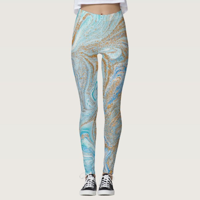 Marble acrylic-bakgrund, blå med gyllene glitter leggings (Framsida)