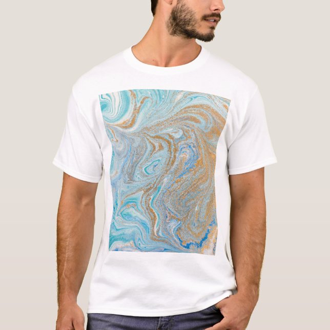 Marble acrylic-bakgrund, blå med gyllene glitter t shirt (Framsida)