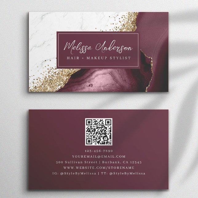 Marble Agate Burgundy Guld Glitter QR-kod Visitkort (Skapare uppladdad)