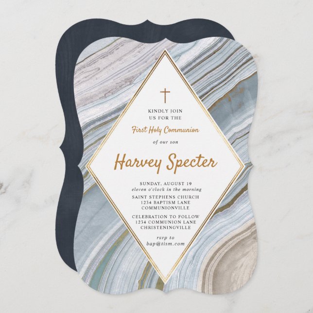 Marble Agate Guld Första Kommunion Inbjudan (Fram/baksida)