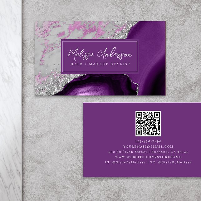 Marble Agate Lila Silver Glitter QR-kod Visitkort (Skapare uppladdad)