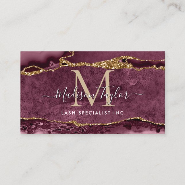 Marble Agate Monogram, Burgundy Red Guld Glitter Visitkort (Framsida)