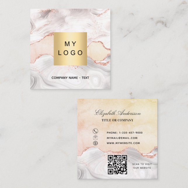 Marble agate ro guld logotyp QR-elegant Fyrkantigt Visitkort (Fram/baksida)
