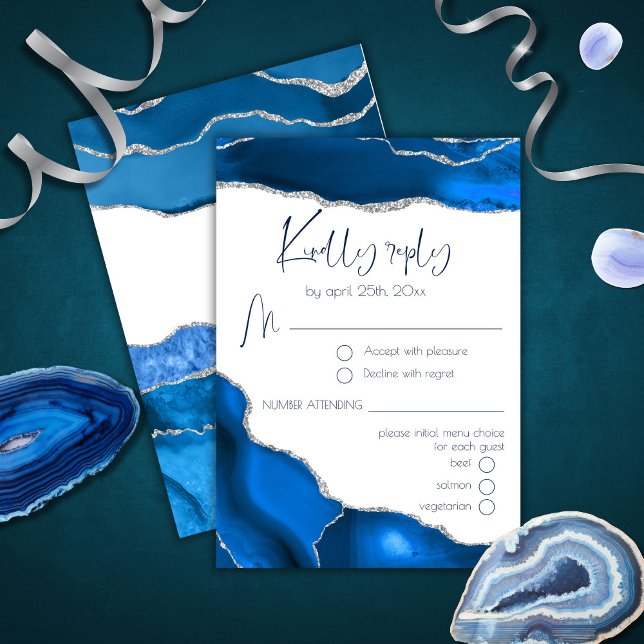Marble Agate Royal blue Menu Choice Bröllop OSA Kort (Skapare uppladdad)