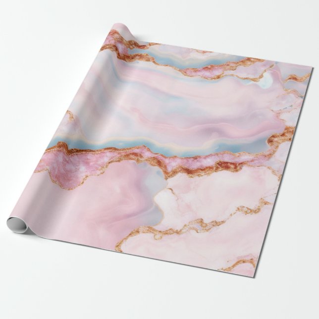 Marble Agate Trendig Blue Rosa Guld Collection Presentpapper (Utrullad)