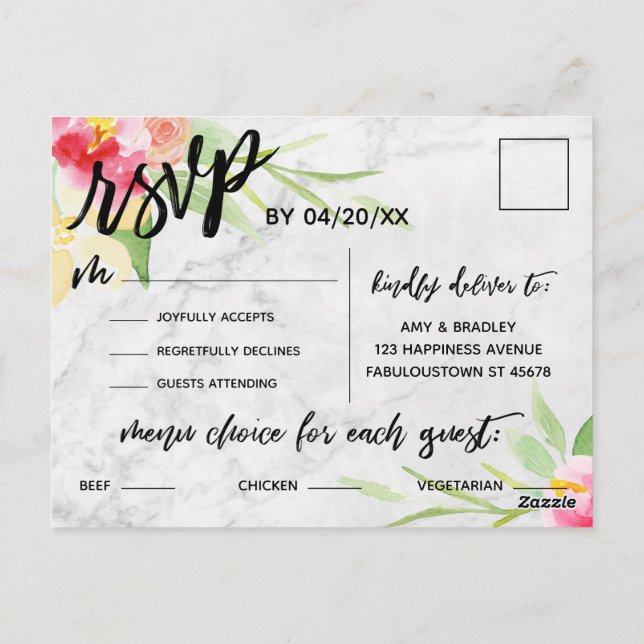 Marble and Boho Flowers Menu Choice OSA Postcard Vykort (Baksida)