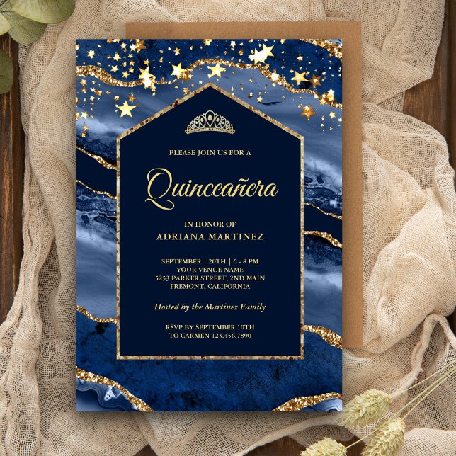 Marble Arch Quinceanera (marsch Blue Guld Agate ma Inbjudningar (Skapare uppladdad)